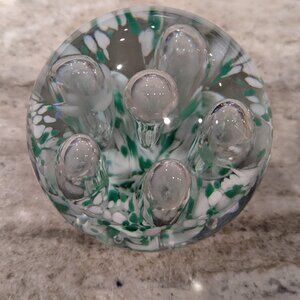 Vintage Art Glass Paperweight Green White Flower Bullicante 4.5" poss/ Zimmeran